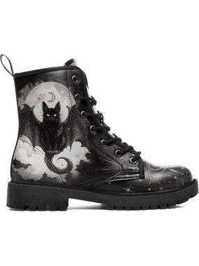 Gothic Lace-Up Combat Ankle Boots - Vegan Leather, Chunky Heel, Black-White-2